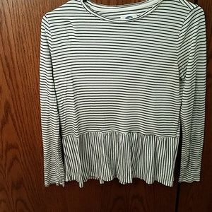 Black and White striped long sleeve peplum top.